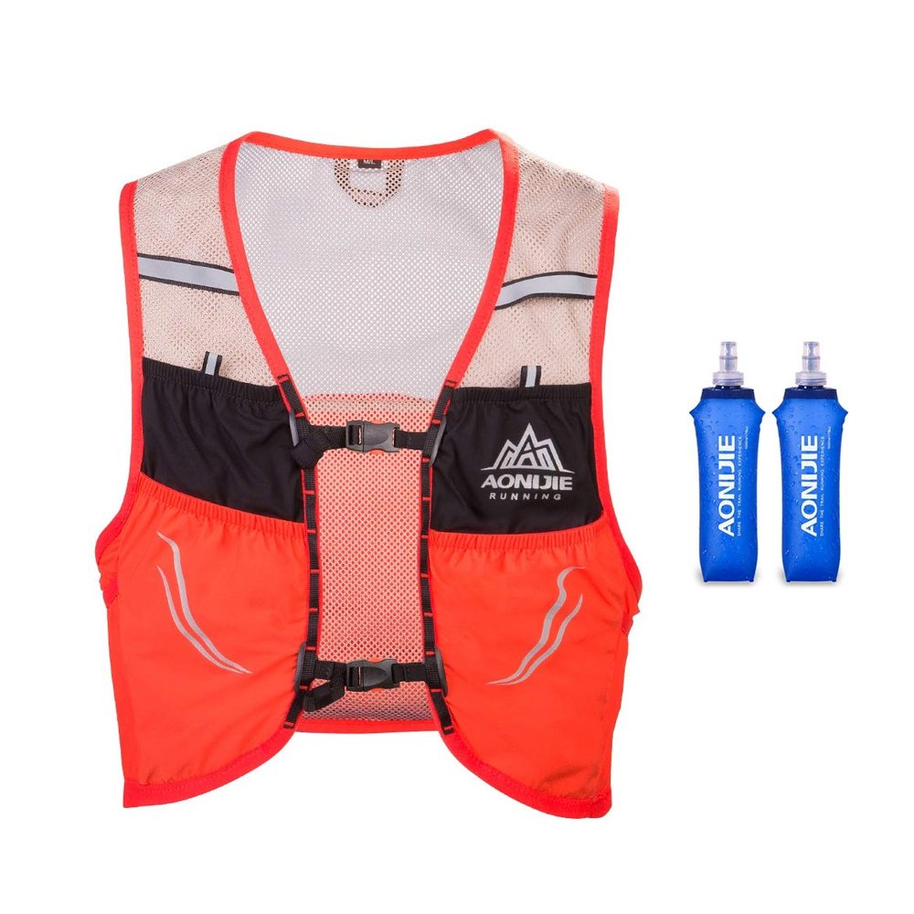 AONIJIE Hydration Pack, Trail Running Vest Set Breathable Lightweight 2.5L and 2 Soft Flasks 500ml Orange, (L/XL)