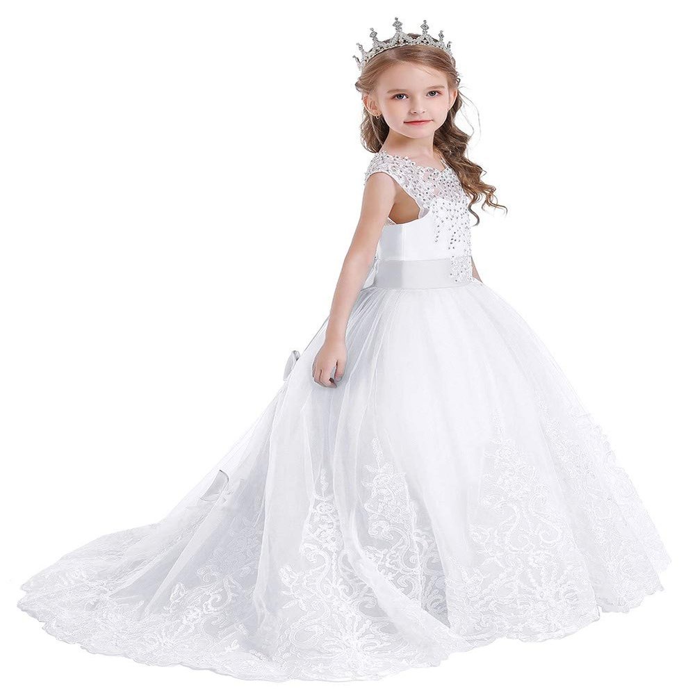 WOCINL Flower Girls Lace Applique Wedding Tulle Dress Princess Pageant Communion Birthday Christmas Party Evening Ball Gown White 6-7T