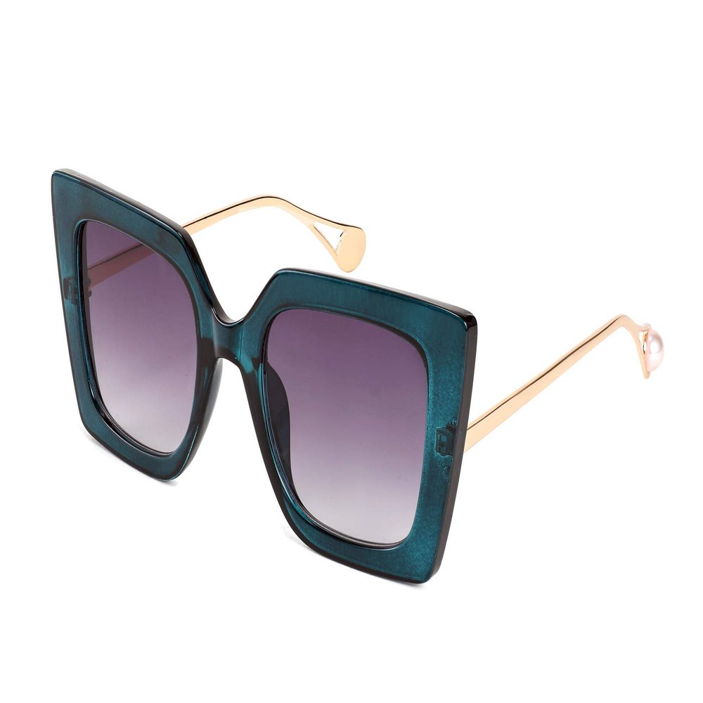 FEISEDY Sunglasses Womens Trendy, Oversized Square Shades, Pearl Inlay Cat Eye Frame UV400 Protection B2625,Peacock Blue/Gradient Grey