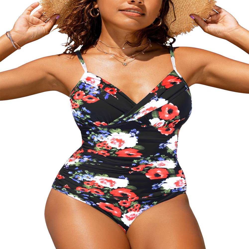 Hilor Women's One Piece Swimsuits Front Twist Swimwear V Neck Shirred Bathing Suit Monokini Black&Red Floral 6