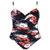 Hilor Women's One Piece Swimsuits Front Twist Swimwear V Neck Shirred Bathing Suit Monokini Black&Red Floral 6 view 3