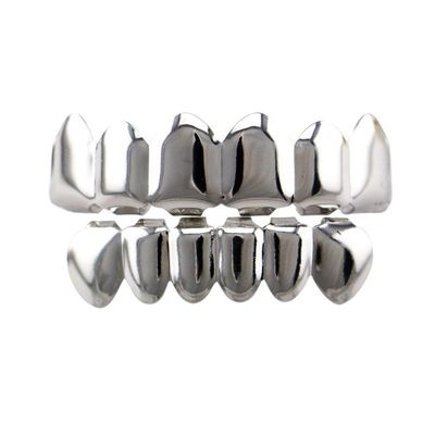 24K Gold Plated Hip Hop Teeth Grillz Punk Custom Fit Polished Teeth Grillz Caps Top & Bottom Grill Set with 2 Silicon Molding Bars Removable Grills For Women Men Gift Halloween Party (Silver)
