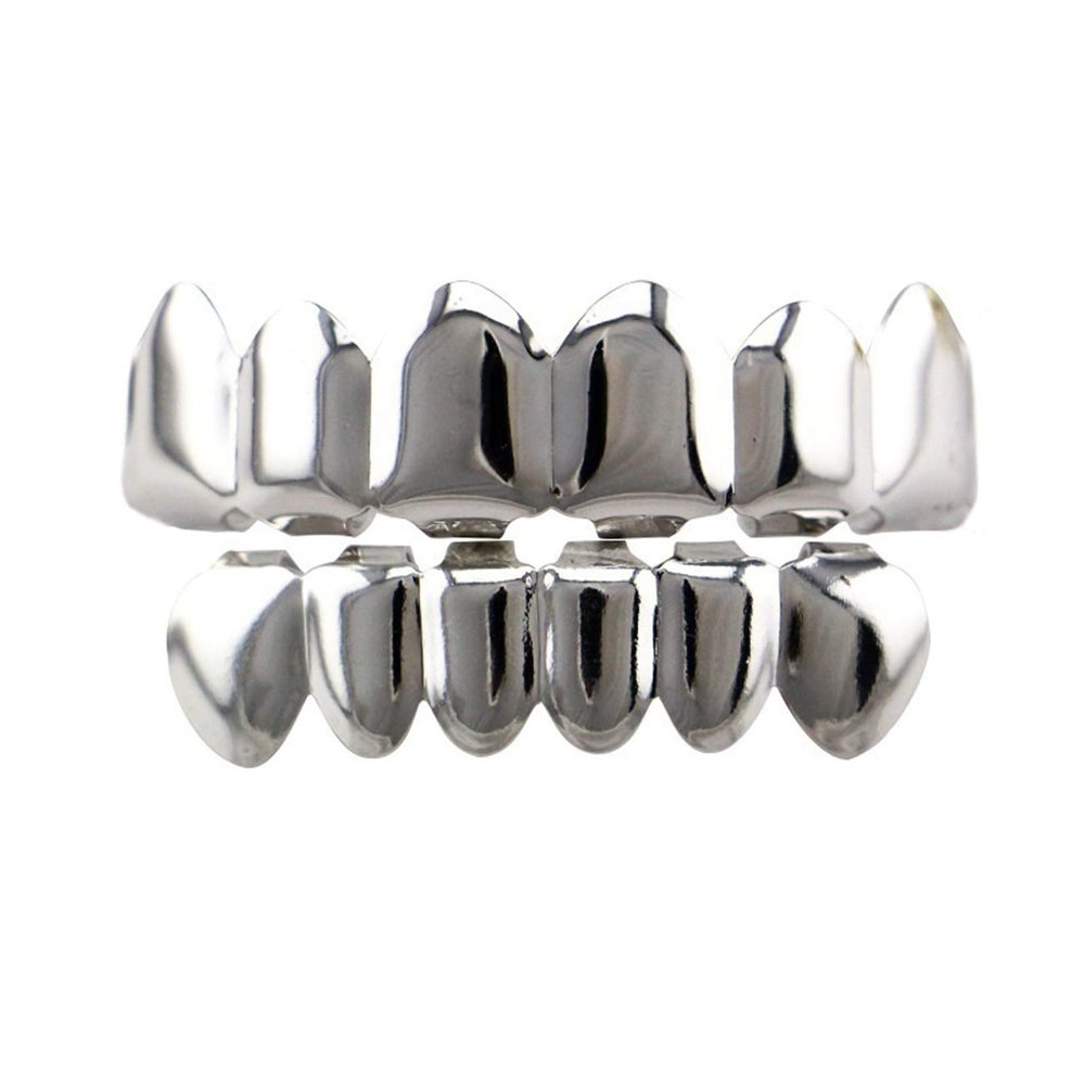 24K Gold Plated Hip Hop Teeth Grillz Punk Custom Fit Polished Teeth Grillz Caps Top & Bottom Grill Set with 2 Silicon Molding Bars Removable Grills For Women Men Gift Halloween Party (Silver)