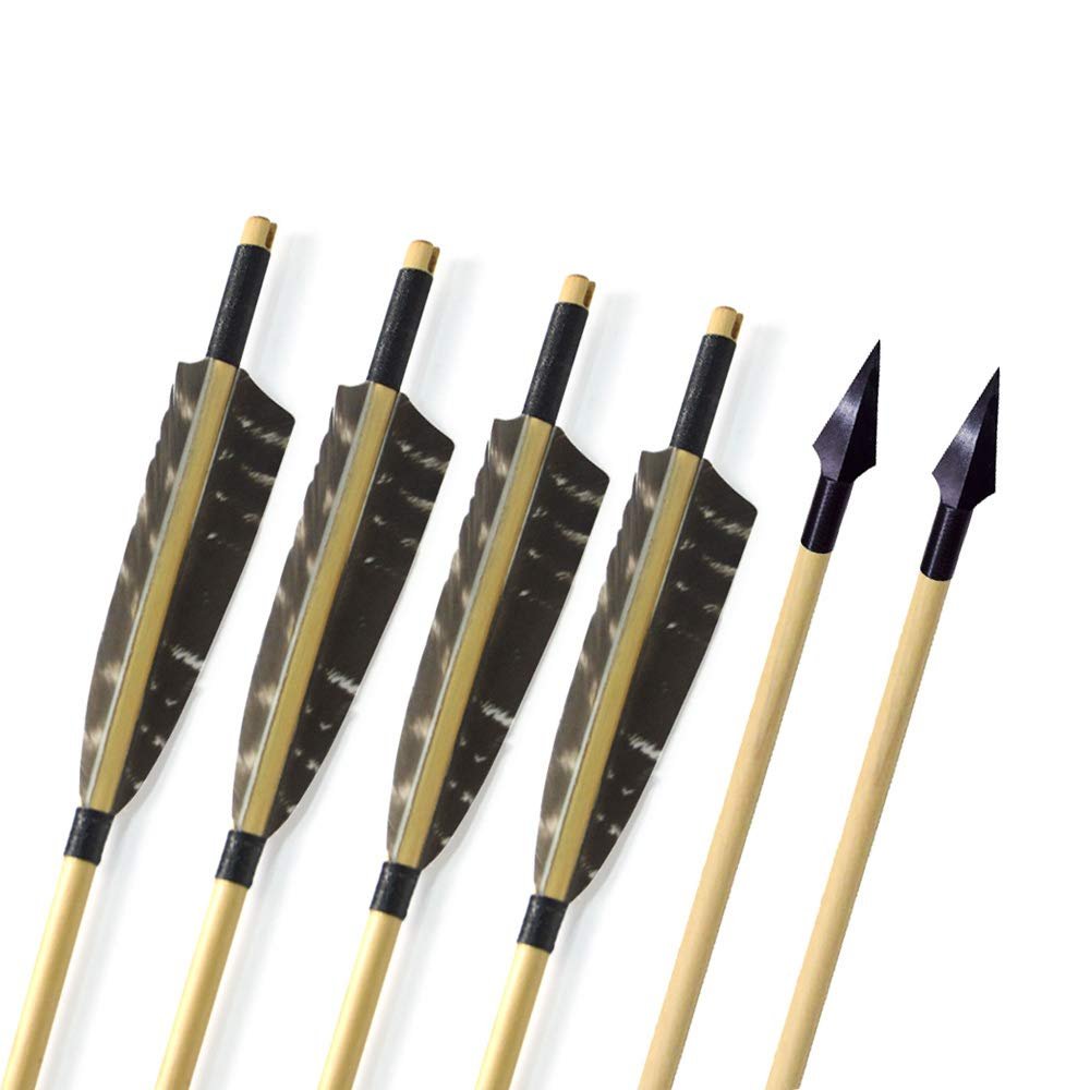 MILAEM 6 pcs 31" Traditional Archery Wooden Arrows Handmade Wood Shaft with 5 inch Turkey Feather and Broadheads for Recurve Bow or Longbow (Color 8)