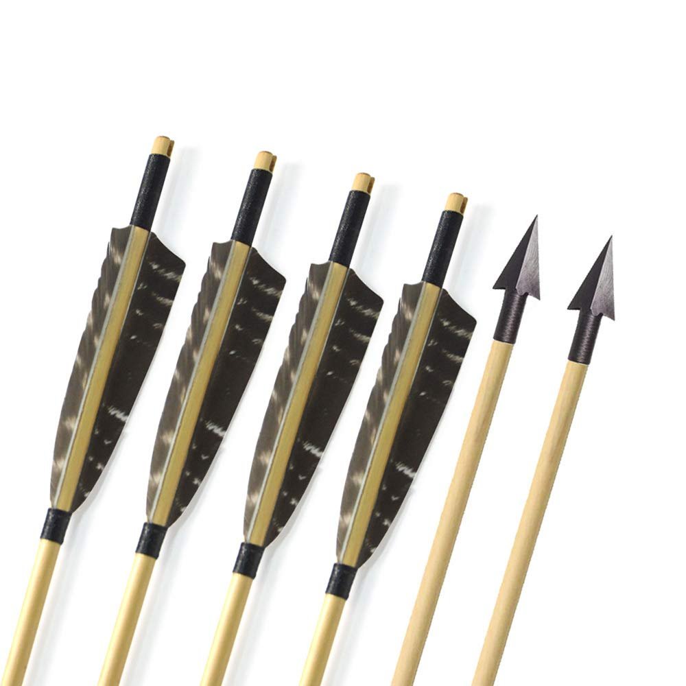 MILAEM 6 pcs 31" Traditional Archery Wooden Arrows Handmade Wood Shaft with 5 inch Turkey Feather and Broadheads for Recurve Bow or Longbow (Color 7)