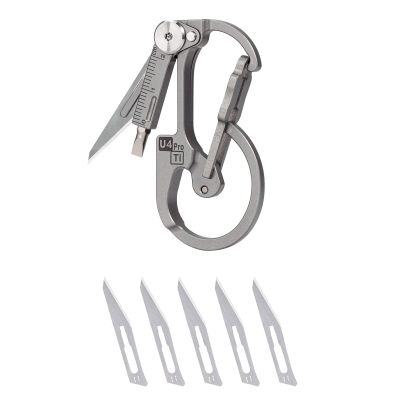 RovyVon U4 Pro+ Plus Titanium Carabiner Keychain Knife, EDC Multitool Pocket Clip with Replaceable Sharp Blade, Dual-bit Screwdriver and Ruler, Emergencies/Office