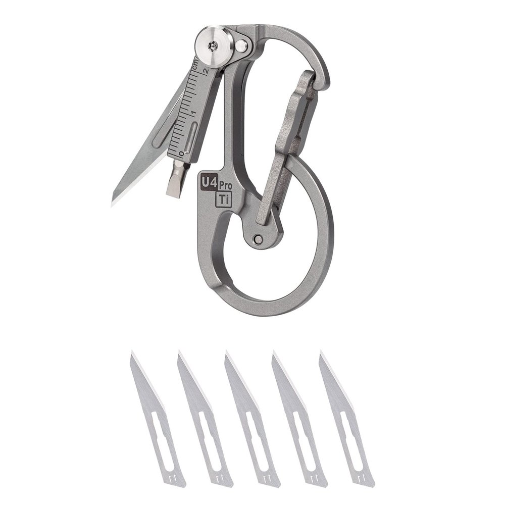 RovyVon U4 Pro+ Plus Titanium Carabiner Keychain Knife, EDC Multitool Pocket Clip with Replaceable Sharp Blade, Dual-bit Screwdriver and Ruler, Emergencies/Office