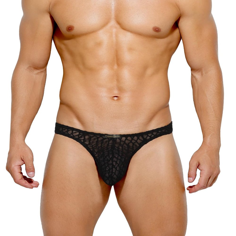 Casey Kevin Men's Thongs Underwear Sexy Lace G-String Bulge Pouch Breathable Panties Black