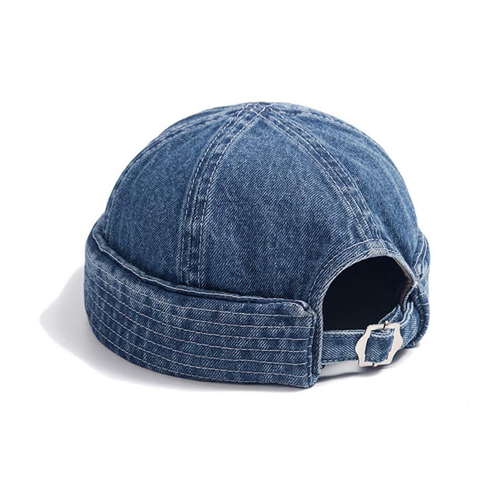CLAPE Brimless Hats for Men Womens Skullcap Mens Vintage Docker Beanie Cap Washed Cotton Rolled Cuff Harbour Hat Solid Watch Hat (GD59-Denim Blue)