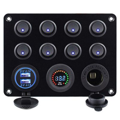 Car Boat Ignition Toggle Rocker Switch Panel 8 Gang Blue LED Light Switch Panel Circuit Breaker USB Car Boat Rocker RV 12-24V
