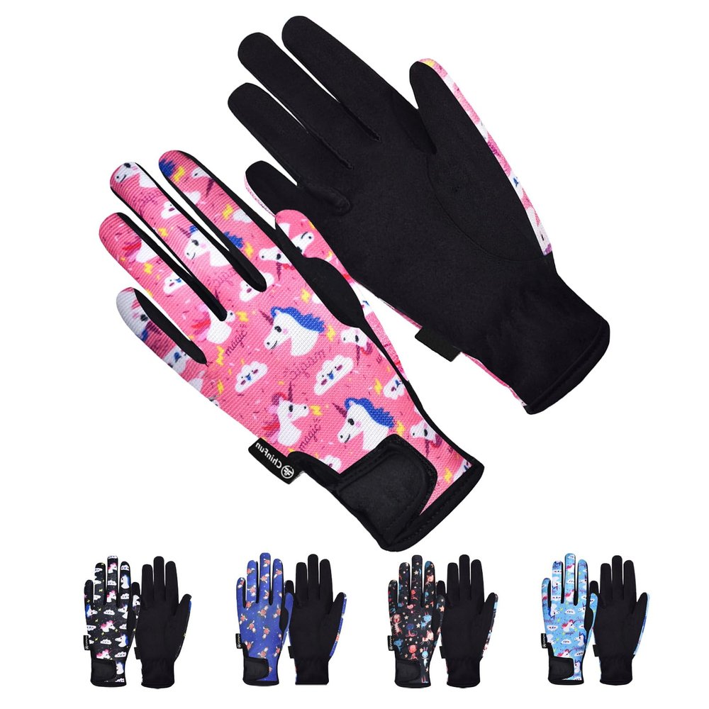 ChinFun Horse Riding Gloves Equestrian Gloves Kids for Boys Girls Horseback Grip Gloves Youth Children Rider Mitts Riding Sports Outdoor Bike Gardening Cycling Running Cartoon Pony Deep Pink Size L
