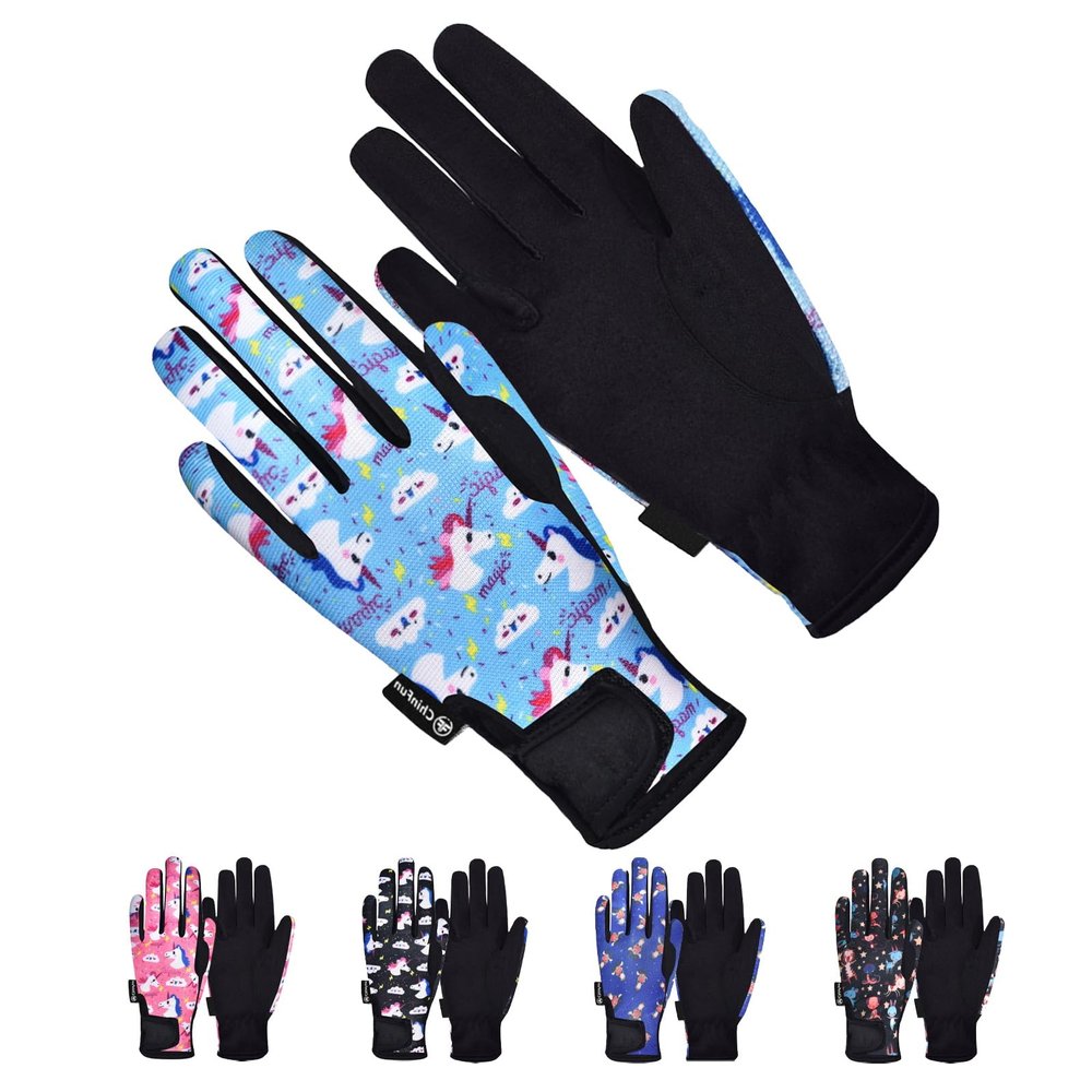 ChinFun Horse Riding Gloves Equestrian Gloves Kids for Boys Girls Horseback Grip Gloves Youth Children Rider Mitts Riding Sports Outdoor Bike Gardening Cycling Running Cartoon Pony Blue Size M