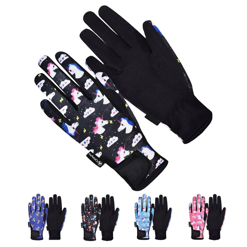 ChinFun Horse Riding Gloves Equestrian Gloves Kids for Boys Girls Horseback Grip Gloves Youth Children Rider Mitts Riding Sports Outdoor Bike Gardening Cycling Running Cartoon Pony Black Size M