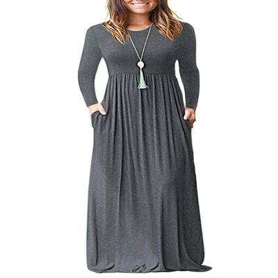 AUSELILY Plus Size Maxi Dress for Women Casual Long Sleeve Crewneck Empire Waist Long Dresses with Pockets 2026 Dark Gray XL