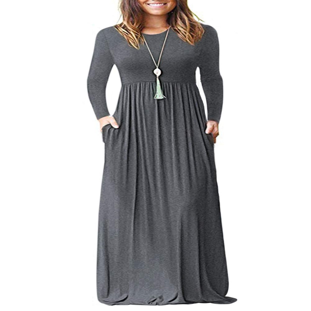 AUSELILY Plus Size Maxi Dress for Women Casual Long Sleeve Crewneck Empire Waist Long Dresses with Pockets 2026 Dark Gray XL