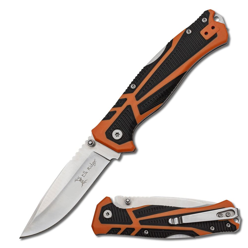 Elk Ridge Outdoors - Manual Folding Knife - Trek, Fine Edge Satin Fiish Drop Point Blade, Orange and Black TPR Handle, Lock Back, Pocket Clip, ER-TKFDR001, Hunting, Camping, Survival