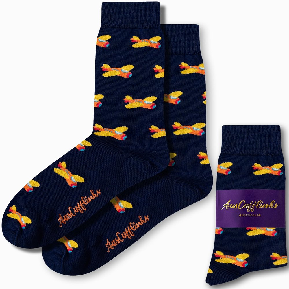 AUSCUFFLINKS | Orange Aircraft Socks | Pilot Plane Fun Gift for Him & Her | Aeroplane Happy Gift Socks