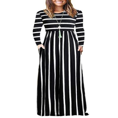 AUSELILY Long Plus Size Floral Maxi Dress for Women Casual Long Sleeve Crewneck Empire Waist Flower Dresses with Pockets 2026 Black White Stripes XL