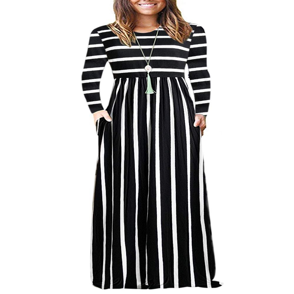 AUSELILY Long Plus Size Floral Maxi Dress for Women Casual Long Sleeve Crewneck Empire Waist Flower Dresses with Pockets 2026 Black White Stripes XL