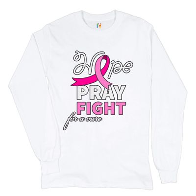 Tee Hunt Hope Pray Fight for a Cure Long Sleeve T-Shirt Cancer Awareness Pink Ribbon White Small