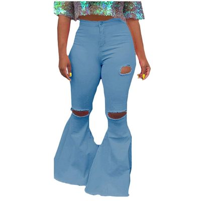 WUAI-Women Oversized Skinny Ripped Bell Bottom Jeans Plus Size High Waist Bootcut Classic Flared Jean Pants(Light Blue,Small)