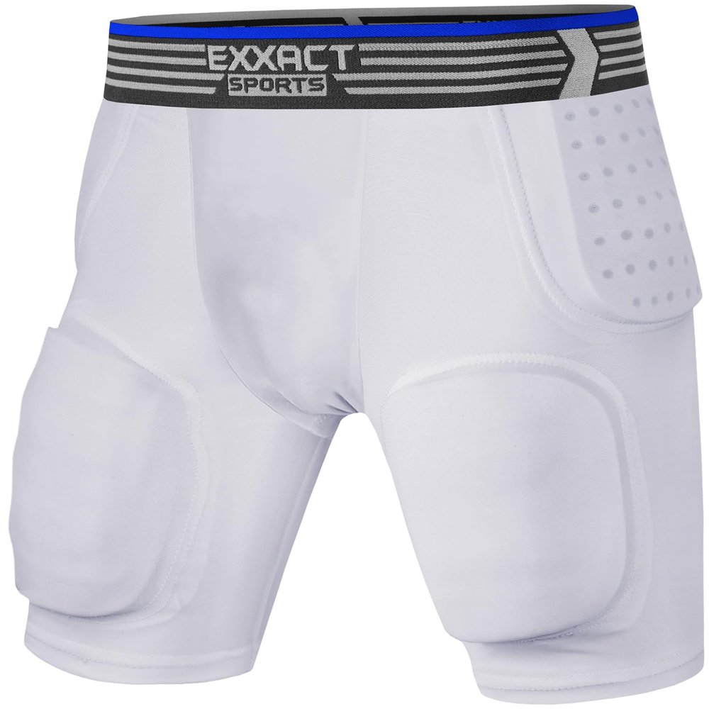 Exxact Sports Rebel 5-Pad Youth Football Girdle with Cup Pocket, Lightweight Padded Compression Shorts with Integrated Hip, Thigh, Tailbone Pads, Boys Girdle Football (White, YL)
