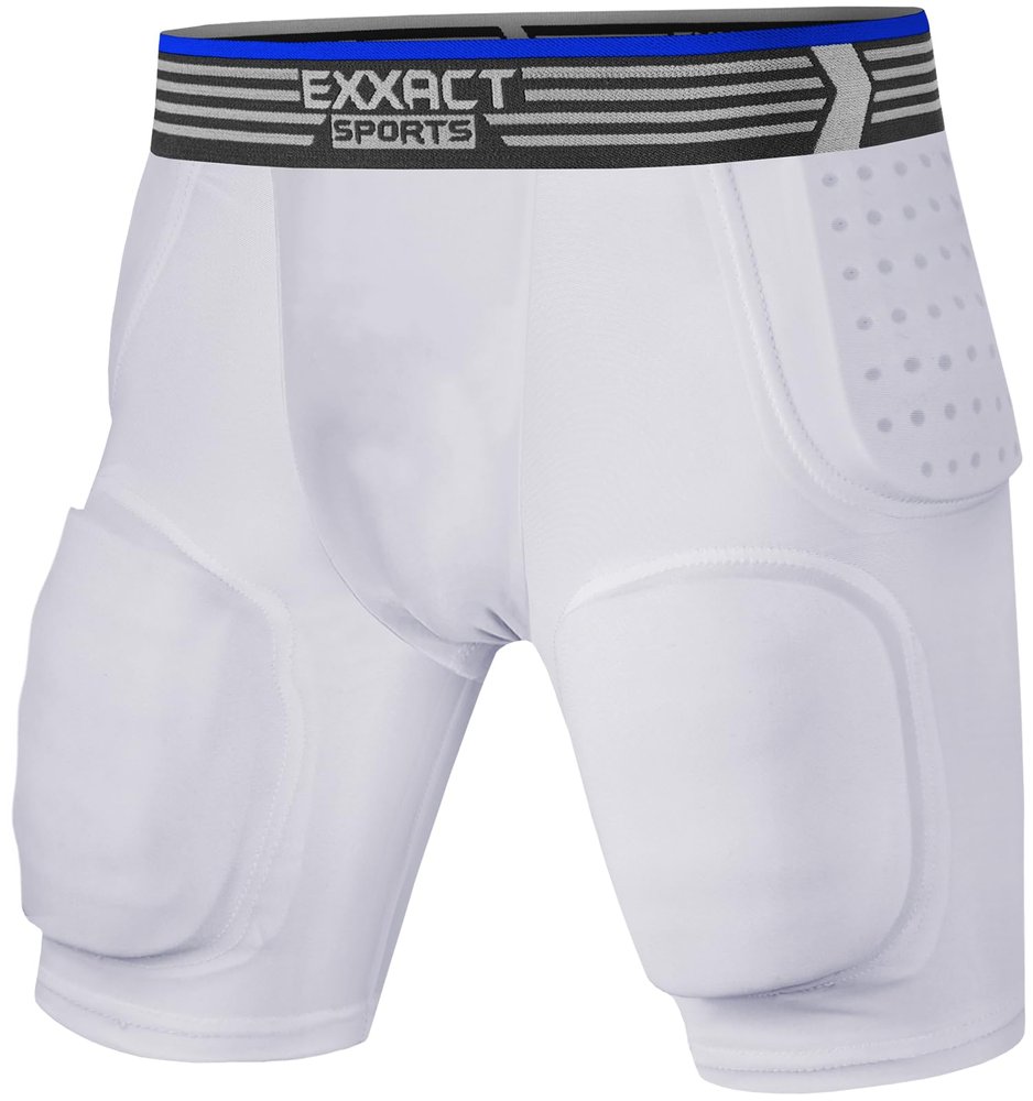 Exxact Sports Rebel 5-Pad Youth Football Girdle with Cup Pocket, Lightweight Padded Compression Shorts with Integrated Hip, Thigh, Tailbone Pads, Boys Girdle Football (White, YM)