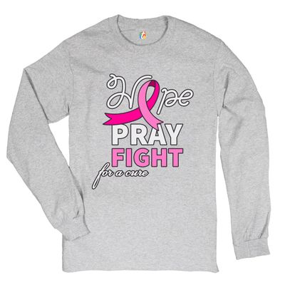Tee Hunt Hope Pray Fight for a Cure Long Sleeve T-Shirt Cancer Awareness Pink Ribbon Grey X-Large