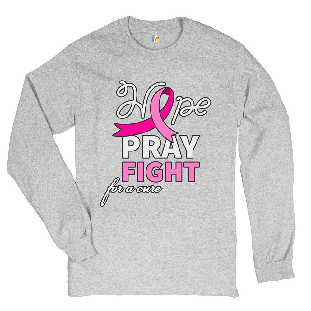 Tee Hunt Hope Pray Fight for a Cure Long Sleeve T-Shirt Cancer Awareness Pink Ribbon Grey X-Large