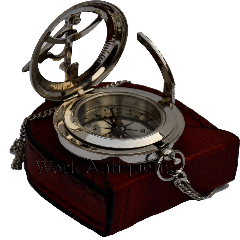 Personalized Engraved Compass, Silver Finish with Wooden Box, Brass, Engravable, Navigation Compass