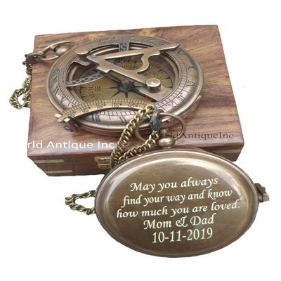 Personalized Compass, Engraved Compass, Custom Compass, Wedding Gift, Christmas, Baptism, Graduation, boy Scouts, Sundial, Nautical, Anniversary, Fathers Day (Antique Finish with Wooden Box)