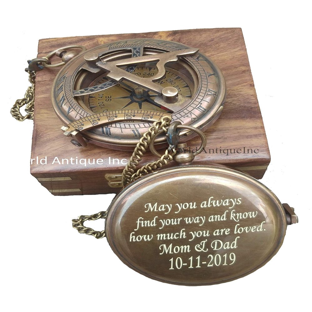 Personalized Compass, Engraved Compass, Custom Compass, Wedding Gift, Christmas, Baptism, Graduation, boy Scouts, Sundial, Nautical, Anniversary, Fathers Day (Antique Finish with Wooden Box)