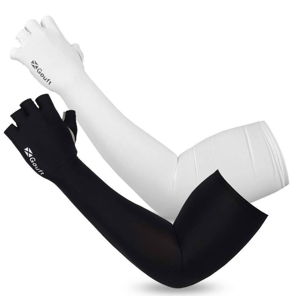 GOuft Half-Glove UV Protection Cooling Arm Sleeves for Men and Women (Black, Medium)