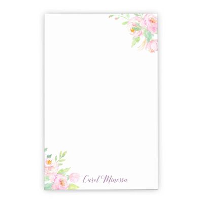 Greenery and Pink Personalized Floral Notepad for Women, Elegant Stationary for Women, Bouquet Watercolor Floral Notepad, Letter Writing, Size 5.5in x 8.5in, 50 Sheets