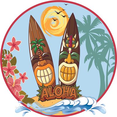 Aloha Tiki Surfboards Beach Background Design Wall Decal - 22" x 28" Vinyl Home Bedroom Living Room Large Polynesian Art Carvings Totem Pole Hawaii Culture Design Adhesive Decoration Sticker