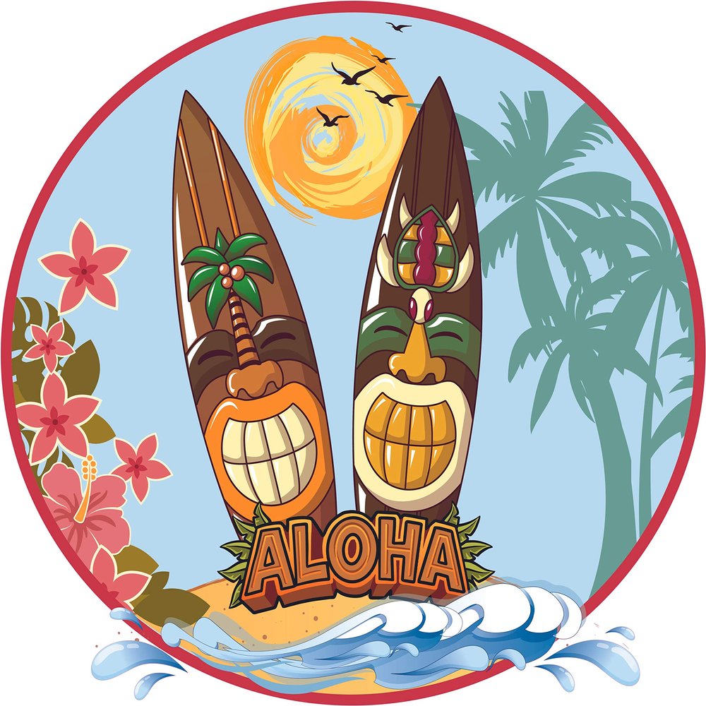 Aloha Tiki Surfboards Beach Background Design Wall Decal - 22" x 28" Vinyl Home Bedroom Living Room Large Polynesian Art Carvings Totem Pole Hawaii Culture Design Adhesive Decoration Sticker