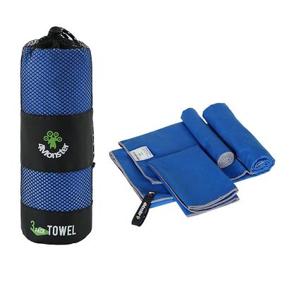 4Monster 3 Size Microfiber Camping Towels at 1 Pack,Fast Drying Beach Travel Towel Ultra Compact,Ultra Soft Gym Towel for Beach Hiking Yoga Travel Sports Backpacking Trip and Pool (Blue)