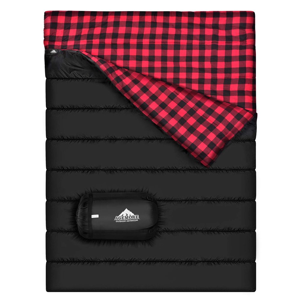 AGEMORE Cotton Flannel Double Sleeping Bag for Camping, Backpacking Or Hiking. Queen Size 2 Person Waterproof Sleeping Bag for Adults Or Teens. Lightweight with Compression Sack
