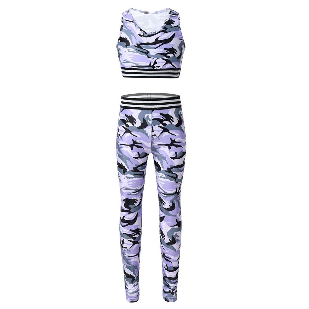 ACSUSS Big Girls Two Pieces Athletic Dance Sports Outfts Active Set Racerback Crop Tank Tops with Leggings Dancewear Lavender 14