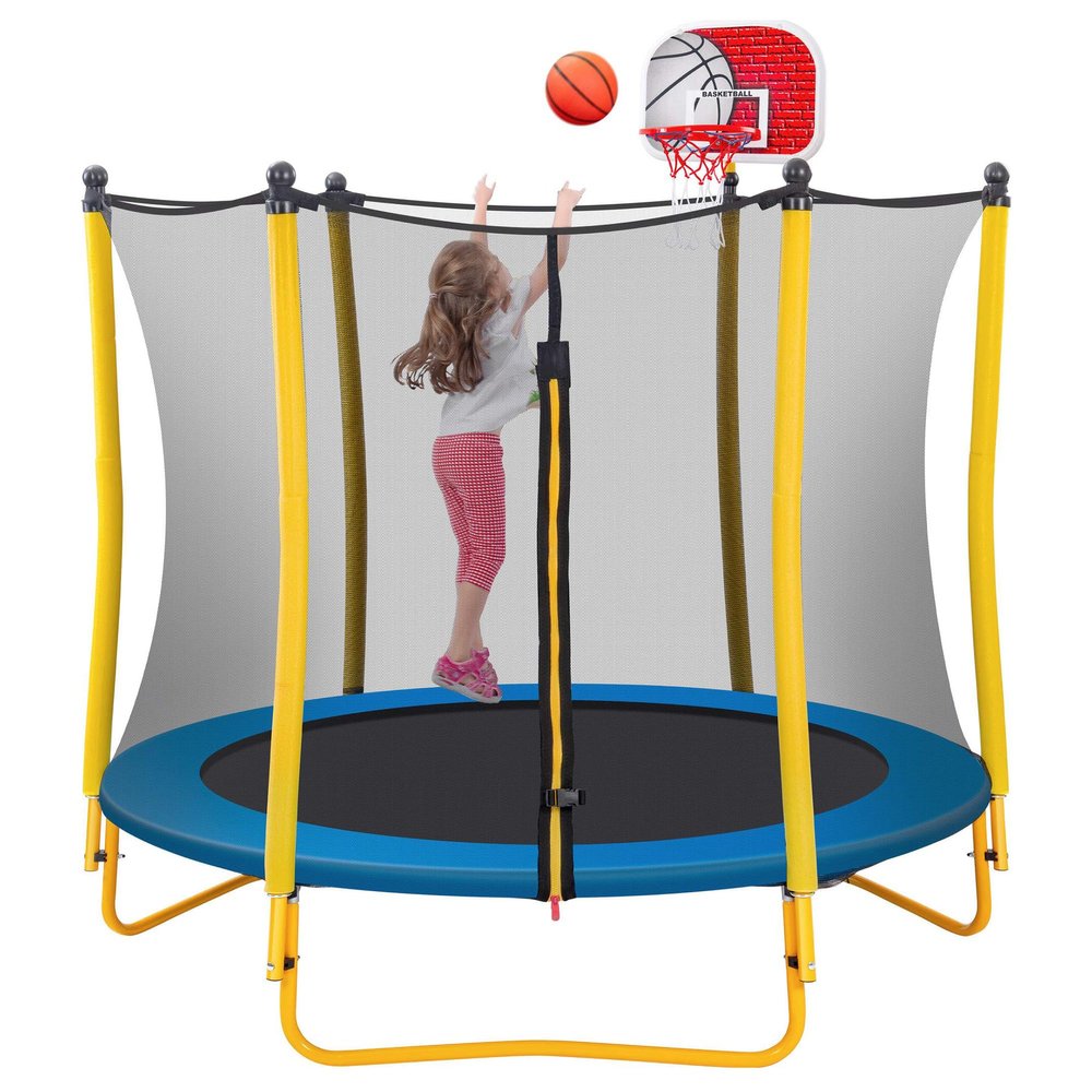 Merax 66'' Trampoline for Kids with Basketball Hoop, Rubber Ball and Enclosure Net, 5.5FT Mini Small Toddler Trampoline Indoor Outdoor for Kids Age 1-8 Birthday Gifts