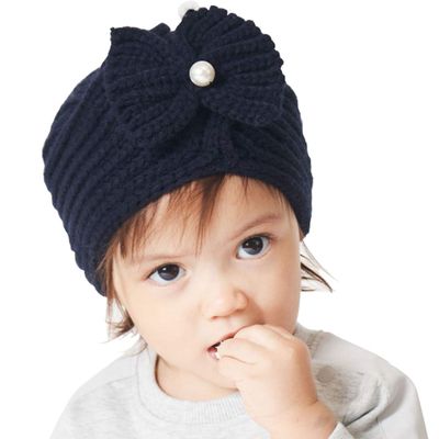 DINGDONG'S CLOSET Baby Kid Girl Winter Bowknot Knitted Hat Baby Girl Warm Beanie(Navy,1-2T)