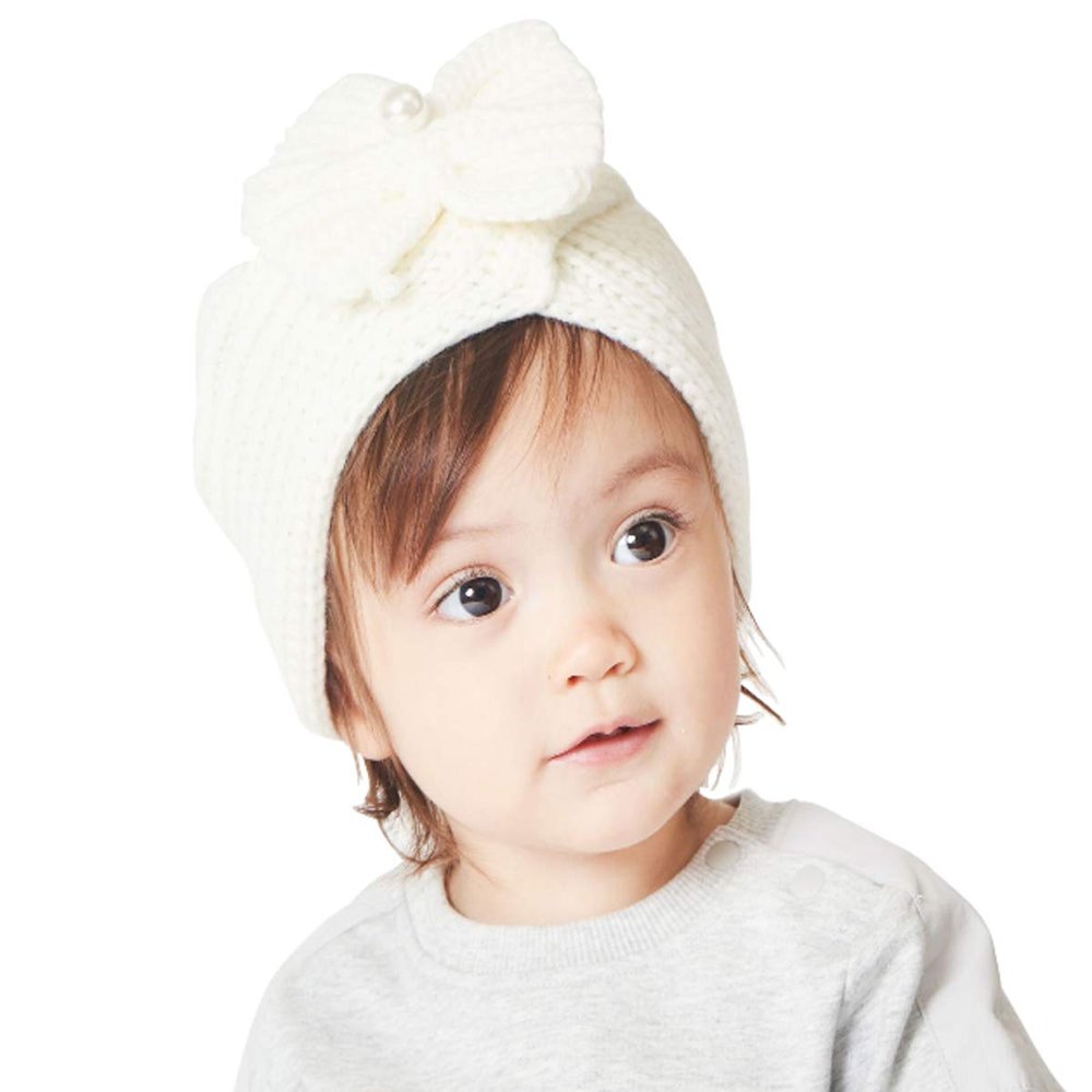 DINGDONG'S CLOSET Baby Kid Girl Winter Bowknot Knitted Hat Baby Girl Warm Beanie(White,0-1T)