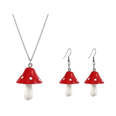Cute Colorful Mushroom Dangling Earrings Necklace Set Handmade Gummy Mushrooms Necklaces Rainbow Colored 3D Vegetables Jewelry Chains for Women-Red