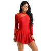 Oyolan Women Adult Figure Ice Roller Skating Dress Long Sleeve Gymnastics Leotards Ballet Skirted Leotards Red X-Large view 2