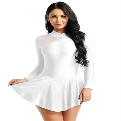 Oyolan Women Adult Figure Ice Roller Skating Dress Long Sleeve Gymnastics Leotards Ballet Skirted Leotards White X-Large