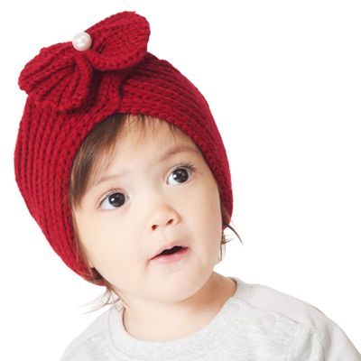 DINGDONG'S CLOSET Baby Kid Girl Winter Bowknot Knitted Hat Baby Girl Warm Beanie(Red,0-1T)