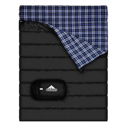 AGEMORE Cotton Flannel Double Sleeping Bag for Camping, Backpacking Or Hiking. Queen Size 2 Person Waterproof Sleeping Bag for Adults Or Teens. Lightweight with Compression Sack
