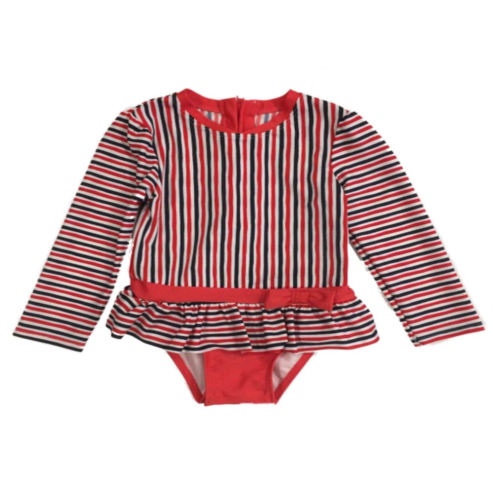 Catjack Infant & Toddler Girls Red & Blue Striped Long Sleeve Rash Guard Swimsuit 12m