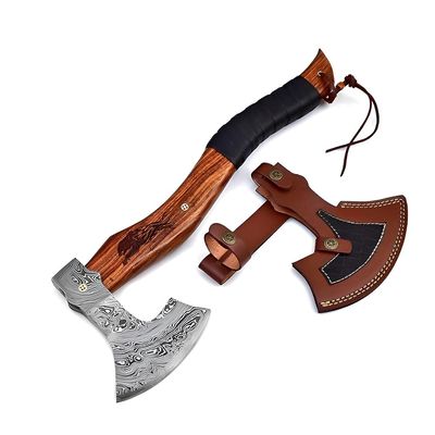 Dessi Viking Axe Damascus Steel Hatchet Tomahawk with Leather Sheath - Hand Forged Camping Axe Walnut Wood Handle Tiger Engraving, Bushcraft Outdoor Tool Gift for Men SM48