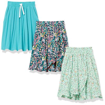 Amazon Essentials Girls' Knit Skorts with Elastic Waist and Built-in Shorts, Pack of 3, Teal Blue, Medium